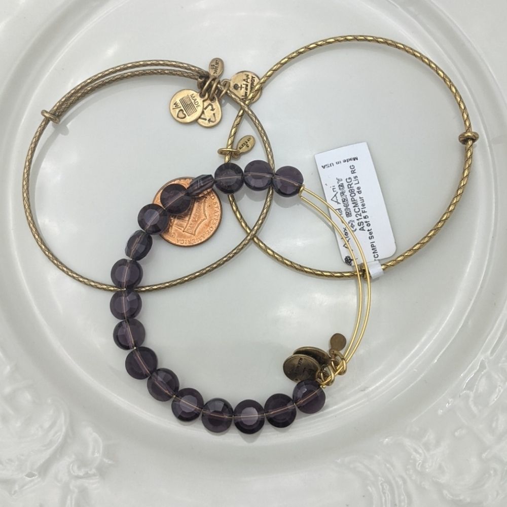 Alex and Ani Rafaleian Gold 3 Piece Amethyst Bracelet Bangle Set NWT
